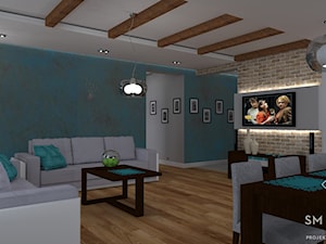 PRZEWAGA TURKUSU - Średni szary salon z jadalnią, styl rustykalny - zdjęcie od SM STUDIO Projektowanie wnętrz