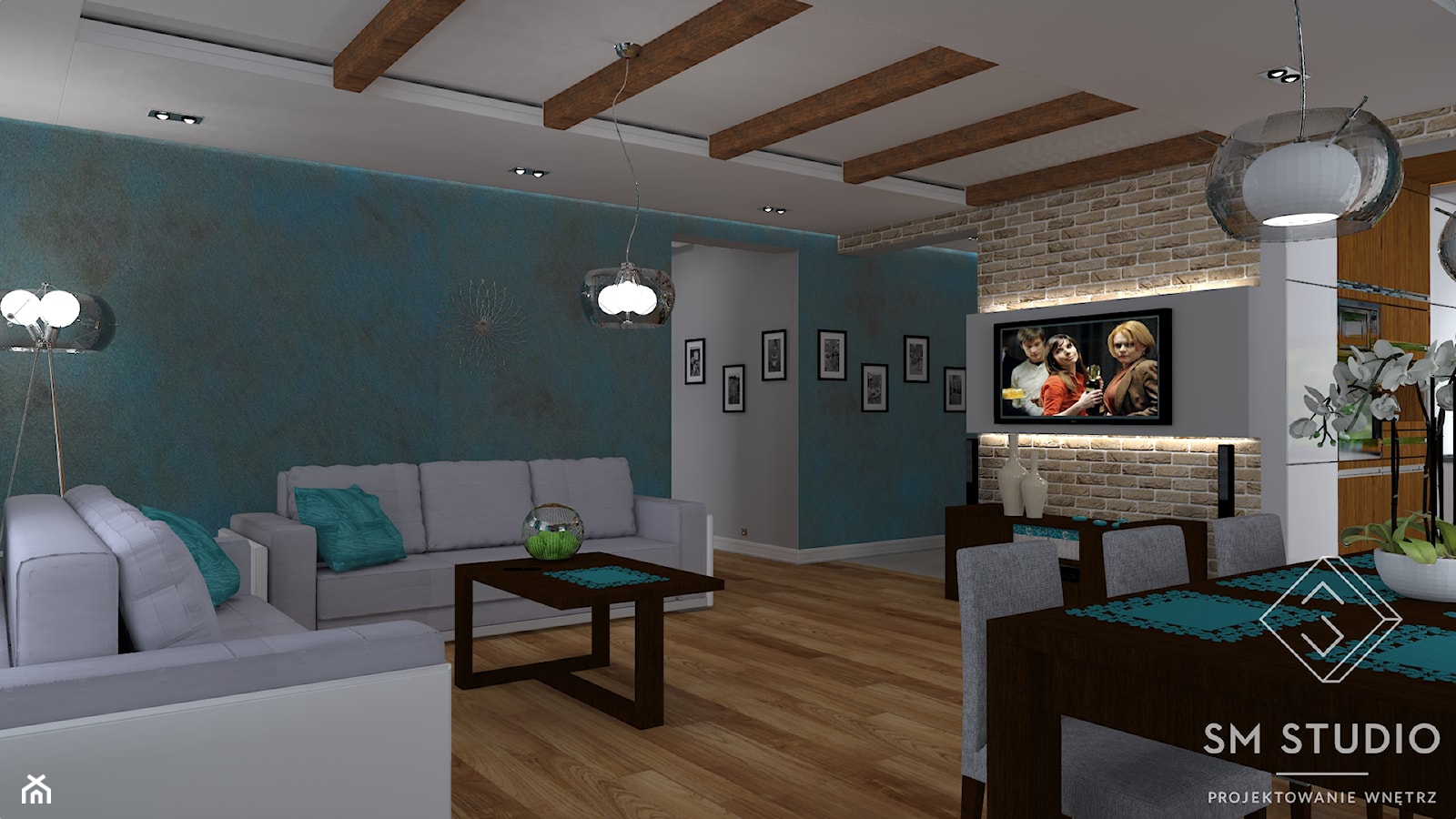 PRZEWAGA TURKUSU - Średni szary salon z jadalnią, styl rustykalny - zdjęcie od SM STUDIO Projektowanie wnętrz - Homebook