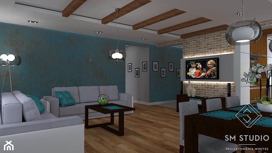 PRZEWAGA TURKUSU - Średni szary salon z jadalnią, styl rustykalny - zdjęcie od SM STUDIO Projektowanie wnętrz