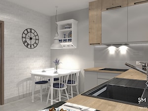 MYŚLIWSKO - Średnia otwarta szara z zabudowaną lodówką z podblatowym zlewozmywakiem kuchnia w kształcie litery l, styl rustykalny - zdjęcie od SM STUDIO Projektowanie wnętrz