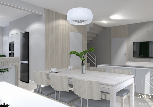 OBRAZ INSPIRACJĄ WNĘTRZA - Średni biały salon z kuchnią z jadalnią, styl nowoczesny - zdjęcie od SM STUDIO Projektowanie wnętrz