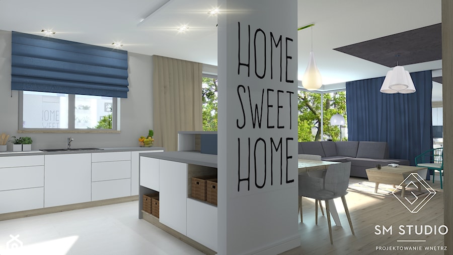 SWEET HOME - Średnia otwarta z salonem szara z zabudowaną lodówką z nablatowym zlewozmywakiem kuchnia w kształcie litery l z oknem, styl nowoczesny - zdjęcie od SM STUDIO Projektowanie wnętrz