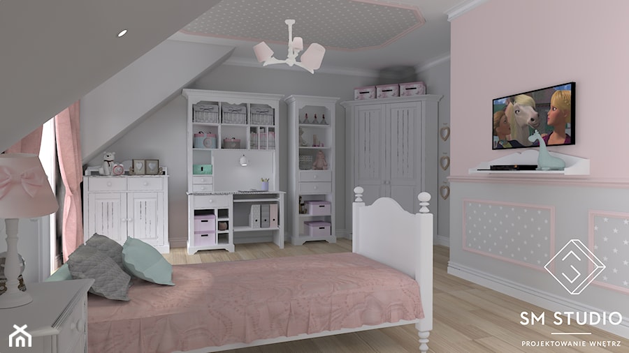 KLASYCZNIE - Średni różowy szary pokój dziecka dla dziecka dla nastolatka dla dziewczynki, styl tradycyjny - zdjęcie od SM STUDIO Projektowanie wnętrz
