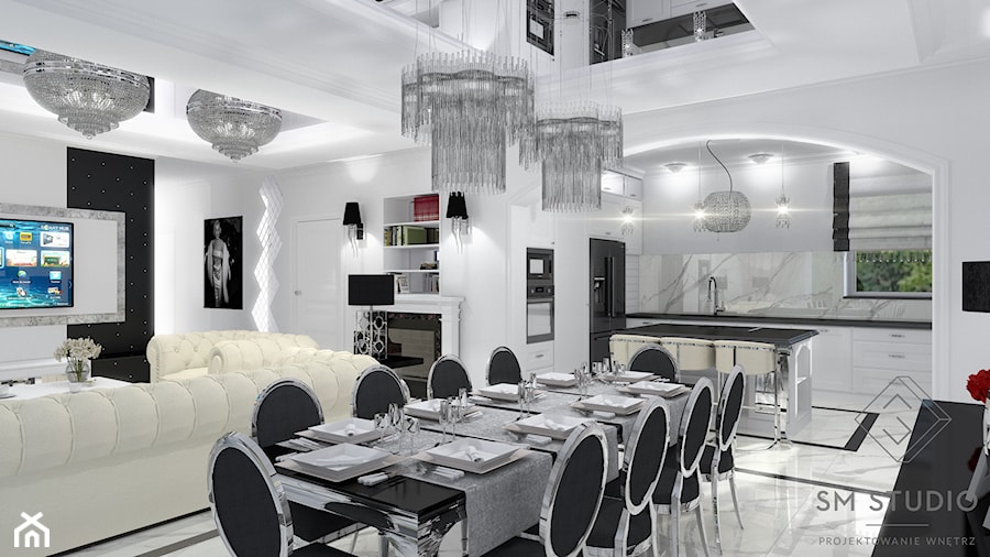 GLAMOUR - Duża biała jadalnia w salonie, styl glamour - zdjęcie od SM STUDIO Projektowanie wnętrz