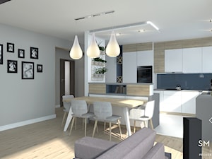 SWEET HOME - Średnia z salonem biała szara z zabudowaną lodówką kuchnia w kształcie litery g z wyspą lub półwyspem z oknem, styl nowoczesny - zdjęcie od SM STUDIO Projektowanie wnętrz