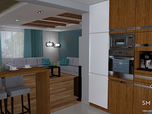 PRZEWAGA TURKUSU - Średnia otwarta z salonem biała z zabudowaną lodówką kuchnia w kształcie litery g, styl rustykalny - zdjęcie od SM STUDIO Projektowanie wnętrz
