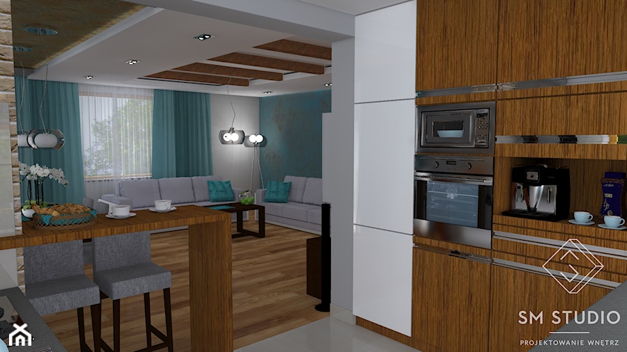 PRZEWAGA TURKUSU - Średnia otwarta z salonem biała z zabudowaną lodówką kuchnia w kształcie litery g, styl rustykalny - zdjęcie od SM STUDIO Projektowanie wnętrz