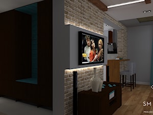 PRZEWAGA TURKUSU - Biały szary salon z kuchnią z jadalnią, styl rustykalny - zdjęcie od SM STUDIO Projektowanie wnętrz