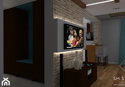 PRZEWAGA TURKUSU - Biały szary salon z kuchnią z jadalnią, styl rustykalny - zdjęcie od SM STUDIO Projektowanie wnętrz