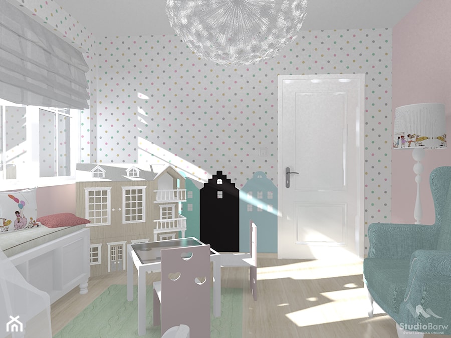 Pokój dwulatki - Mały biały różowy szary pokój dziecka dla dziecka dla dziewczynki, styl nowoczesny - zdjęcie od StudioBarw