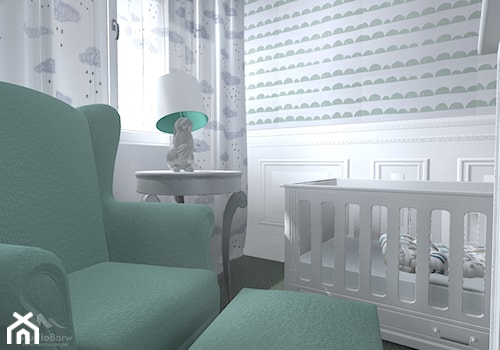 Pokój niemowlęcia Ines - Mały biały szary pokój dziecka dla niemowlaka dla chłopca dla dziewczynki, styl tradycyjny - zdjęcie od StudioBarw