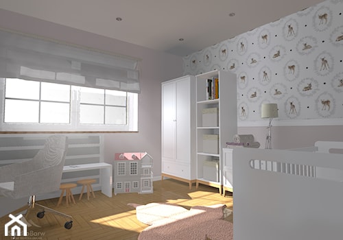 Pokój dziecka z aneksem biurowym - Średni biały szary pokój dziecka dla niemowlaka dla dziewczynki - zdjęcie od StudioBarw