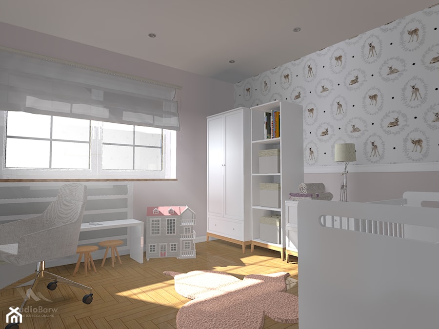 Pokój dziecka z aneksem biurowym - Średni biały szary pokój dziecka dla niemowlaka dla dziewczynki - zdjęcie od StudioBarw