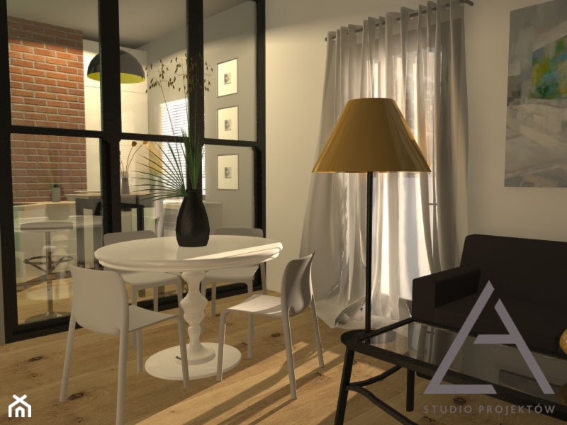 Apartament z widokiem - Mała biała szara jadalnia w salonie, styl minimalistyczny - zdjęcie od Studio Projektów