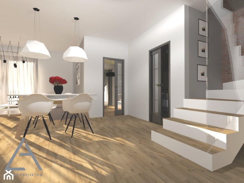 Apartament dwupoziomowy - Średnia biała szara jadalnia jako osobne pomieszczenie, styl minimalistyczny - zdjęcie od Studio Projektów