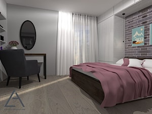 Apartament dwupoziomowy - Średnia biała szara sypialnia z balkonem / tarasem, styl minimalistyczny - zdjęcie od Studio Projektów