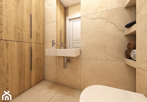 Prosta forma w toalecie, kamień i drewno. - zdjęcie od PAAS Pracownia Projektowa