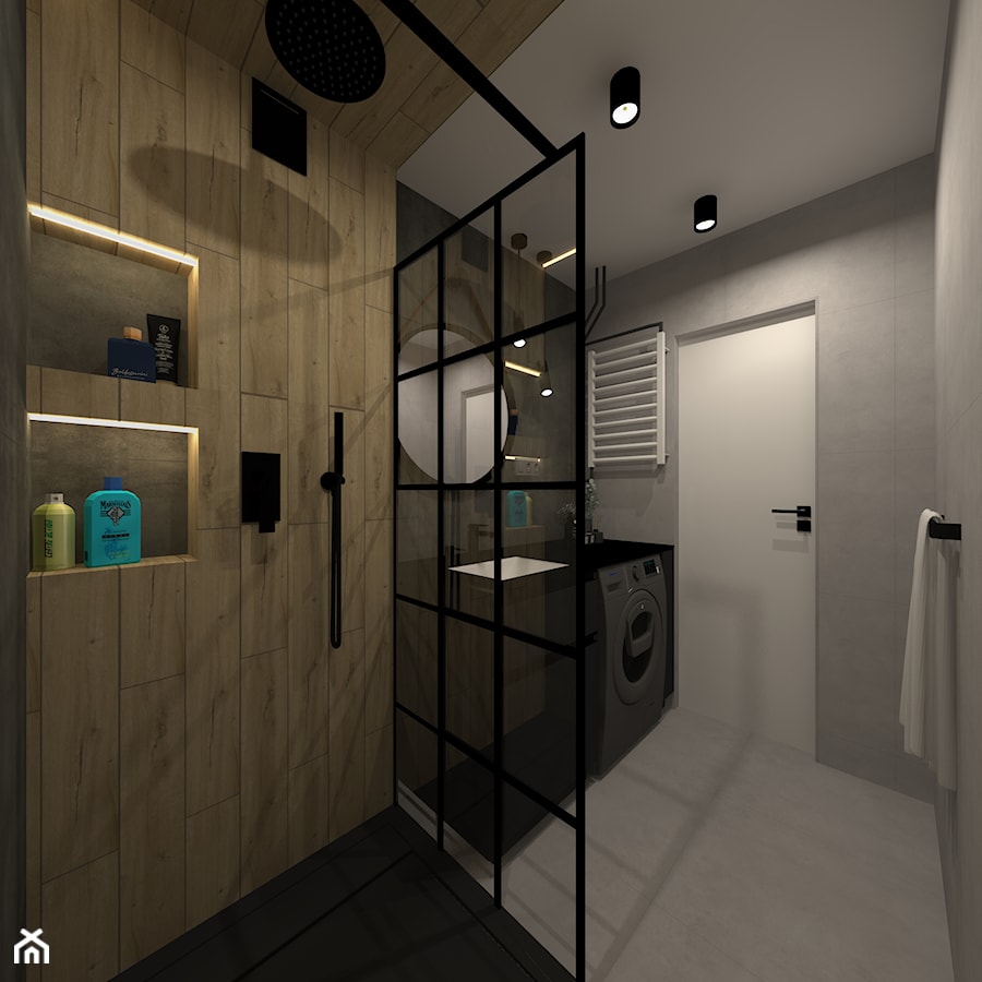 Mieszkanie w Chrzanowie - Mała bez okna z pralką / suszarką z lustrem z punktowym oświetleniem łazienka, styl industrialny - zdjęcie od iStudioo