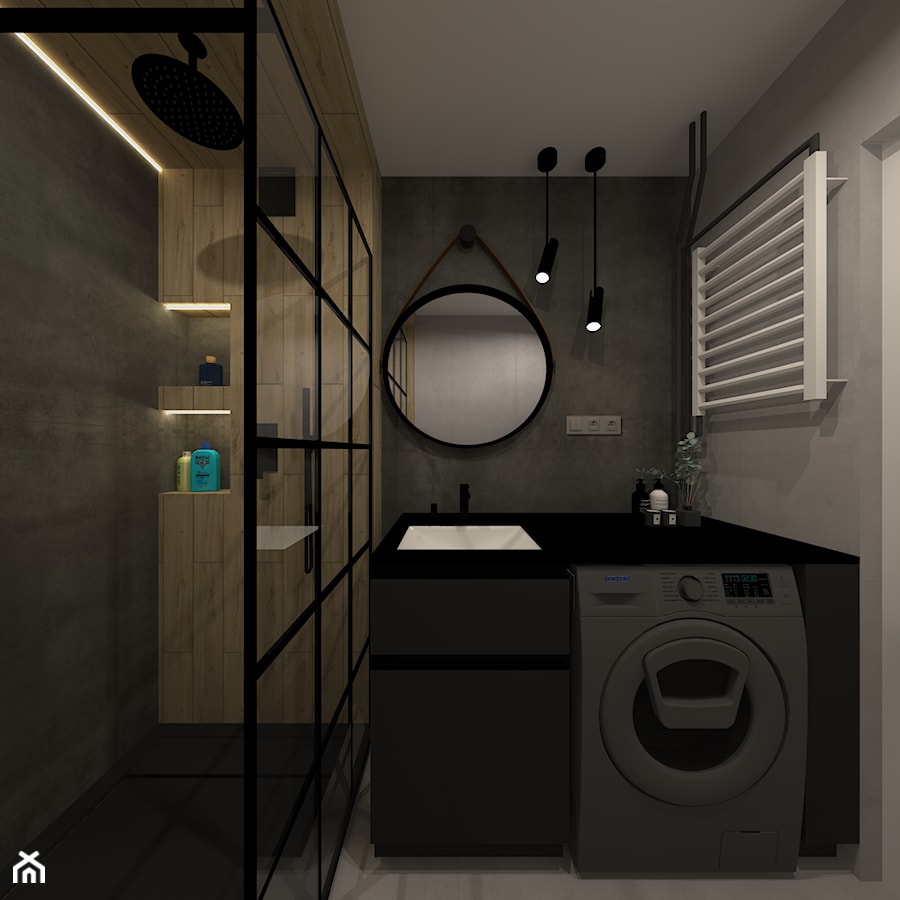Mieszkanie w Chrzanowie - Mała z pralką / suszarką z lustrem łazienka, styl industrialny - zdjęcie od iStudioo