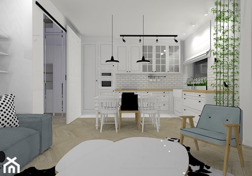 Mieszkanie 70m2 - Średnia otwarta z salonem biała z zabudowaną lodówką z nablatowym zlewozmywakiem kuchnia w kształcie litery l, styl rustykalny - zdjęcie od Eno Design