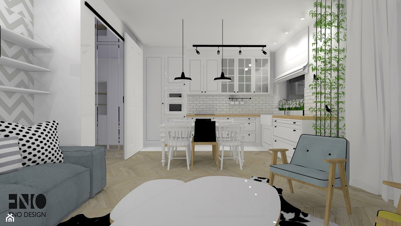 Mieszkanie 70m2 - Średnia otwarta z salonem biała z zabudowaną lodówką z nablatowym zlewozmywakiem kuchnia w kształcie litery l, styl rustykalny - zdjęcie od Eno Design - Homebook