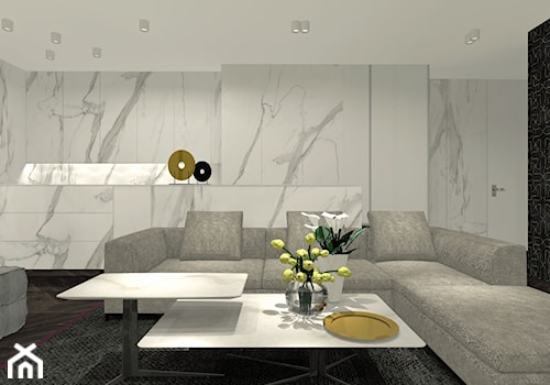Salon - Średnia otwarta z salonem z kamiennym blatem szara kuchnia jednorzędowa z marmurem nad blatem kuchennym, styl nowoczesny - zdjęcie od Eno Design