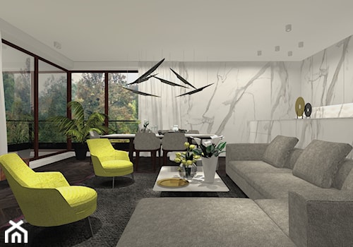 Salon - Duży biały salon z jadalnią z tarasem / balkonem, styl nowoczesny - zdjęcie od Eno Design
