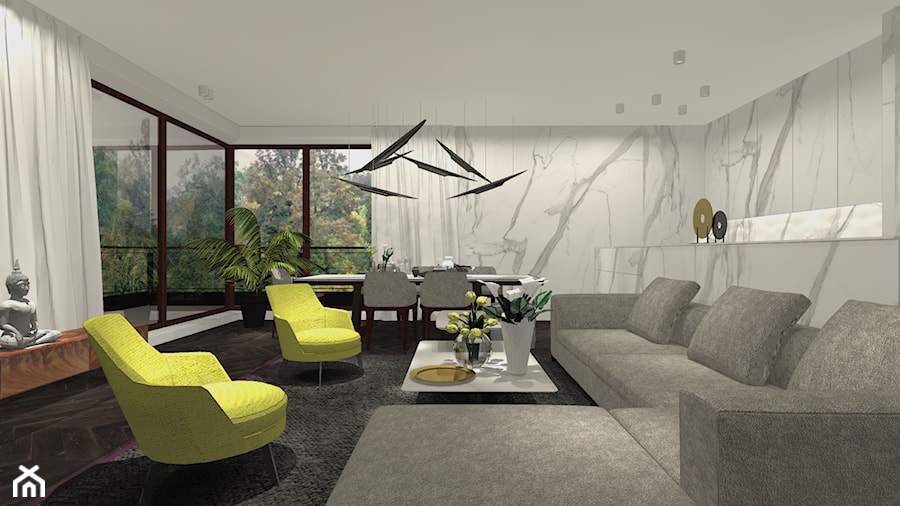 Salon - Duży biały salon z jadalnią z tarasem / balkonem, styl nowoczesny - zdjęcie od Eno Design