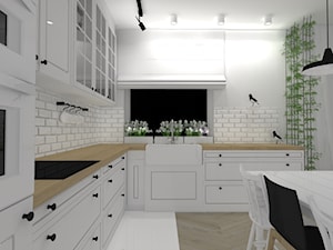 Mieszkanie 70m2 - Duża otwarta biała z zabudowaną lodówką z nablatowym zlewozmywakiem kuchnia w kształcie litery l, styl rustykalny - zdjęcie od Eno Design