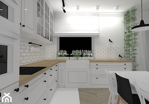 Mieszkanie 70m2 - Duża otwarta biała z zabudowaną lodówką z nablatowym zlewozmywakiem kuchnia w kształcie litery l, styl rustykalny - zdjęcie od Eno Design