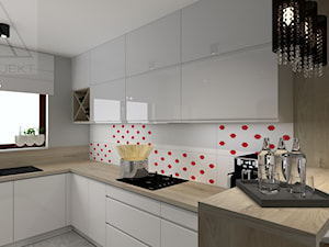 Kuchnia - Otwarta z salonem biała szara z zabudowaną lodówką kuchnia w kształcie litery u w kształcie litery g z oknem - zdjęcie od m3projekt