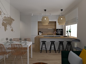Kuchnia - Średnia otwarta z salonem szara z zabudowaną lodówką z lodówką wolnostojącą z nablatowym zlewozmywakiem kuchnia dwurzędowa z oknem, styl skandynawski - zdjęcie od m3projekt