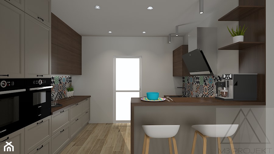 Kuchnia - Średnia otwarta szara z zabudowaną lodówką z lodówką wolnostojącą kuchnia dwurzędowa z oknem - zdjęcie od m3projekt