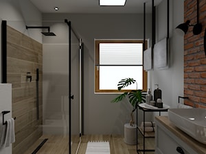 Łazienka - Średnia z lustrem z punktowym oświetleniem łazienka z oknem - zdjęcie od m3projekt
