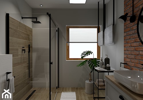 Łazienka - Średnia z lustrem z punktowym oświetleniem łazienka z oknem - zdjęcie od m3projekt