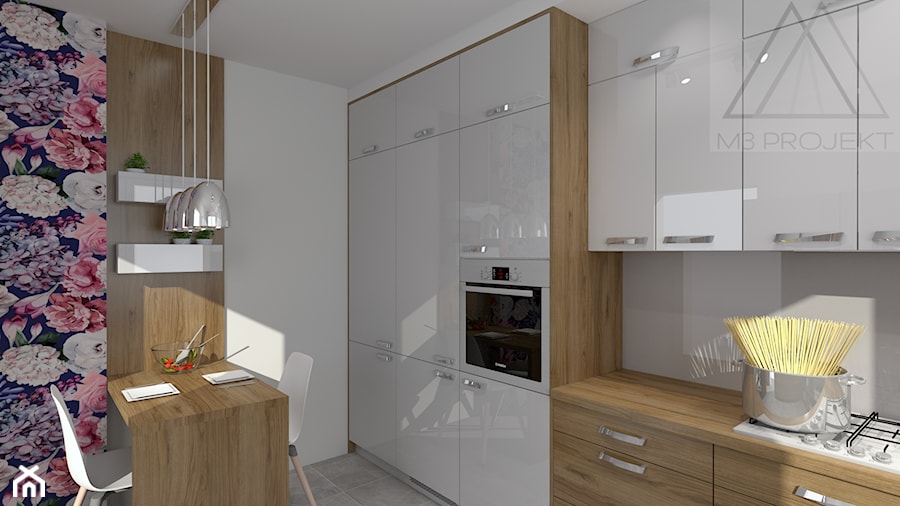 Kuchnia - Średnia otwarta z salonem biała z zabudowaną lodówką kuchnia jednorzędowa - zdjęcie od m3projekt