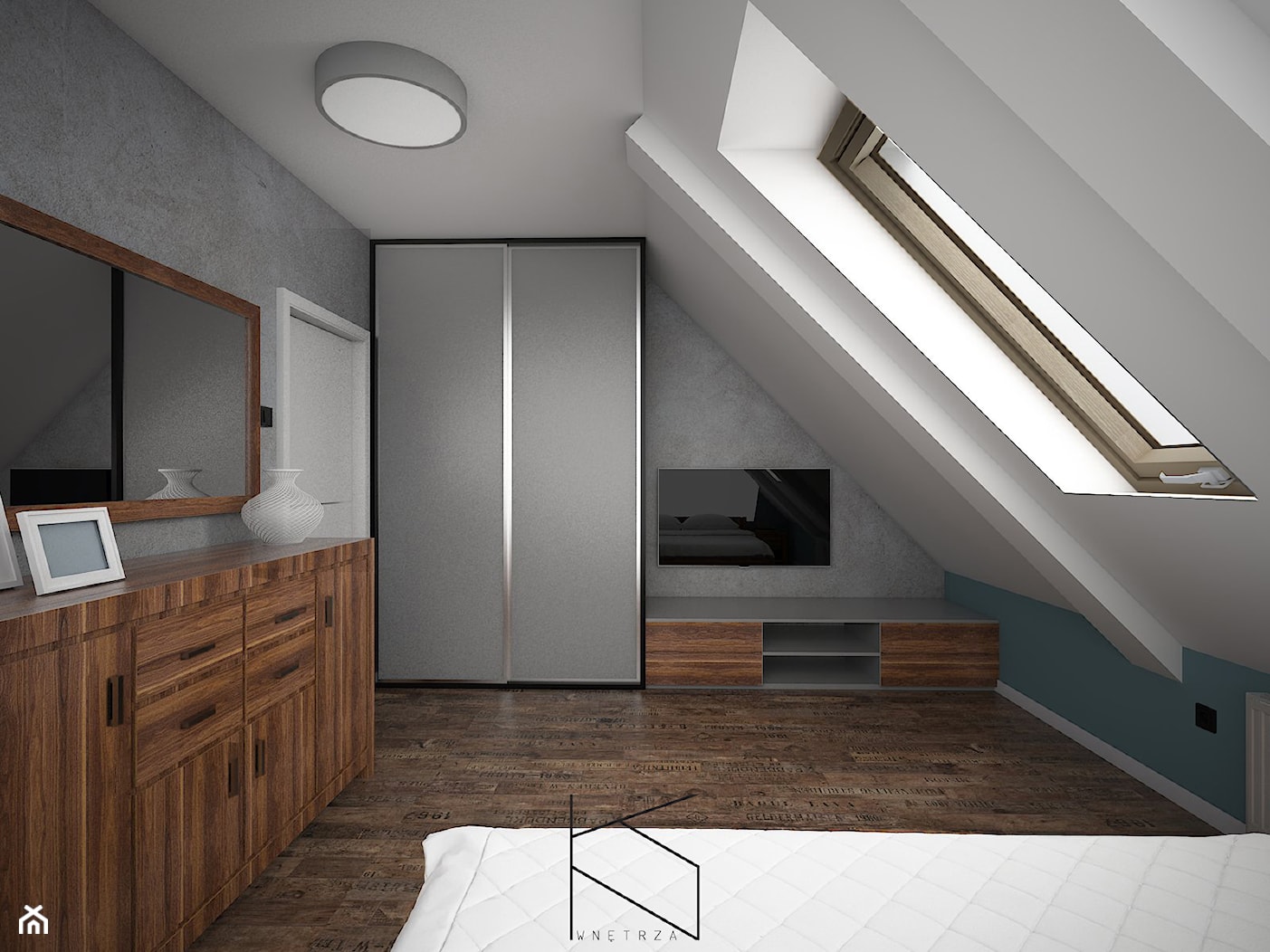 Mieszkanie 58m2, Polkowice - Średnia biała szara sypialnia na poddaszu, styl nowoczesny - zdjęcie od KN.wnętrza - Homebook
