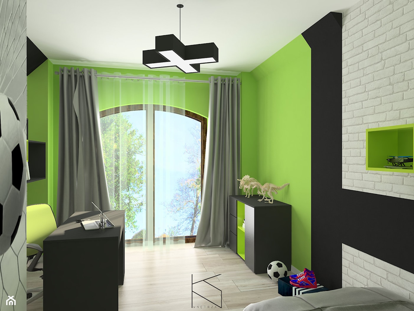 Pokój chłopca - Średni czarny szary zielony pokój dziecka dla nastolatka dla chłopca dla dziewczynki, styl tradycyjny - zdjęcie od KN.wnętrza - Homebook