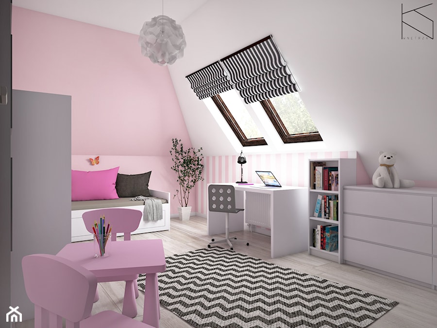 Pokój dziewczynki - Średni biały różowy pokój dziecka dla dziecka dla nastolatka dla dziewczynki, styl tradycyjny - zdjęcie od KN.wnętrza