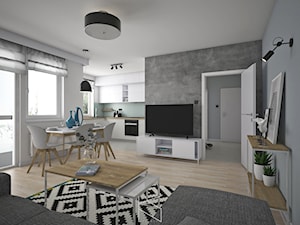 Projekt aranżacji wnętrz mieszkania / Wrocław - Średni biały szary salon z kuchnią z jadalnią z tarasem / balkonem, styl nowoczesny - zdjęcie od KN.wnętrza