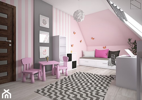 Pokój dziewczynki - Duży biały czarny różowy pokój dziecka dla dziecka dla dziewczynki, styl tradycyjny - zdjęcie od KN.wnętrza