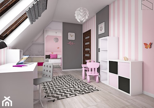 Pokój dziewczynki - Średni biały różowy szary pokój dziecka dla dziecka dla dziewczynki, styl tradycyjny - zdjęcie od KN.wnętrza