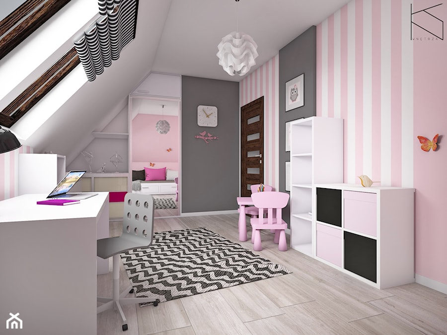 Pokój dziewczynki - Średni biały różowy szary pokój dziecka dla dziecka dla dziewczynki, styl tradycyjny - zdjęcie od KN.wnętrza
