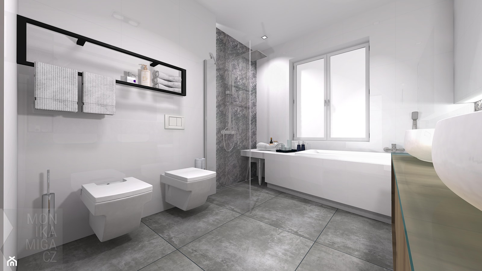 Średnia na poddaszu z dwoma umywalkami łazienka z oknem, styl industrialny - zdjęcie od M3 MONIKA MIGACZ - Homebook