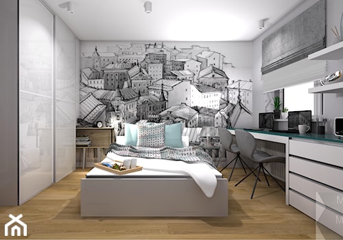SYPIALNIA - Duża szara z biurkiem sypialnia, styl nowoczesny - zdjęcie od M3 MONIKA MIGACZ