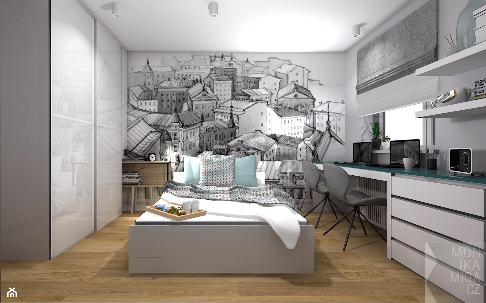 SYPIALNIA - Duża szara z biurkiem sypialnia, styl nowoczesny - zdjęcie od M3 MONIKA MIGACZ - Homebook