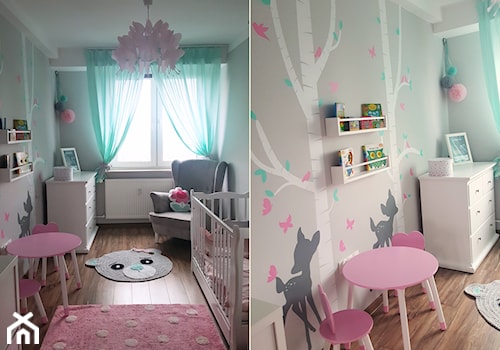 Pastelowy pokój dla dziewczynki - Średni szary pokój dziecka dla niemowlaka dla dziewczynki - zdjęcie od dekoratoramator.pl