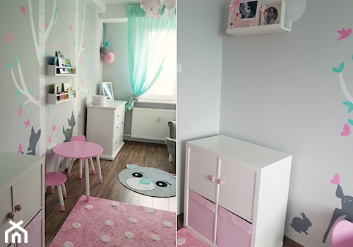 Pastelowy pokój dla dziewczynki - Średni biały szary pokój dziecka dla dziecka dla dziewczynki - zdjęcie od dekoratoramator.pl