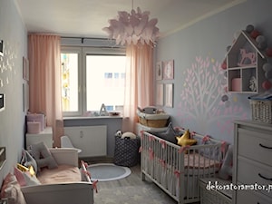 Pokój dla dziewczynek - Mały szary pokój dziecka dla niemowlaka dla dziecka dla chłopca dla dziewczynki dla rodzeństwa, styl skandynawski - zdjęcie od dekoratoramator.pl