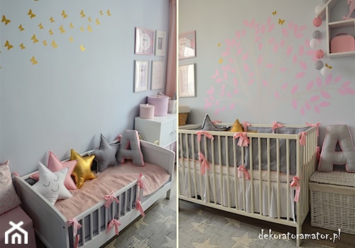 Pokój dla dziewczynek - Średni szary pokój dziecka dla niemowlaka dla dziecka dla rodzeństwa, styl skandynawski - zdjęcie od dekoratoramator.pl